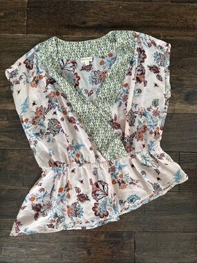 Hem & Thread Blush Floral V-Neck Peplum Top with Multicolor Trim